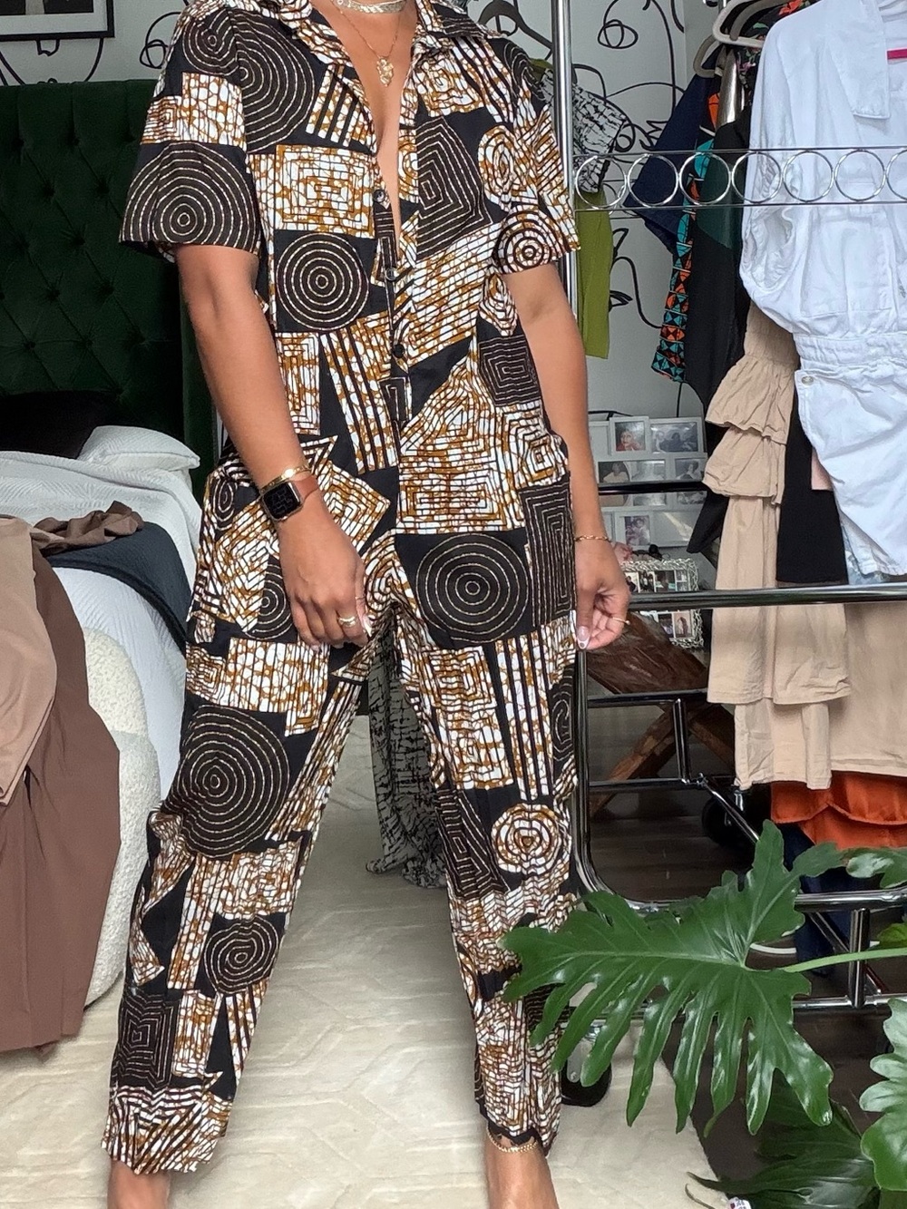 Printed Black & Brown Short-Sleeve Jumpsuit